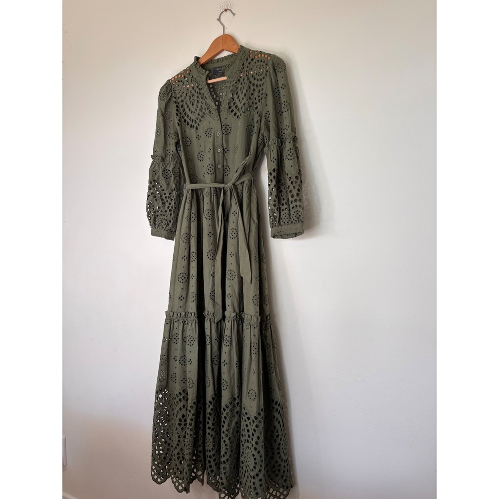 Wyse London Olive Green Lace Eyelet Tie Waist Feminine Maxi Dress Button Small